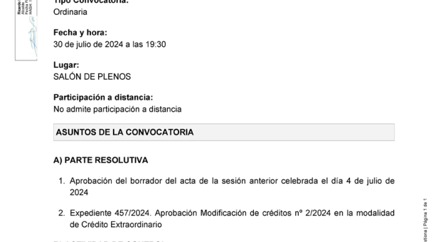 Convocatoria a Pleno sesión ordinaria, martes 30 de julio a las 19:30h